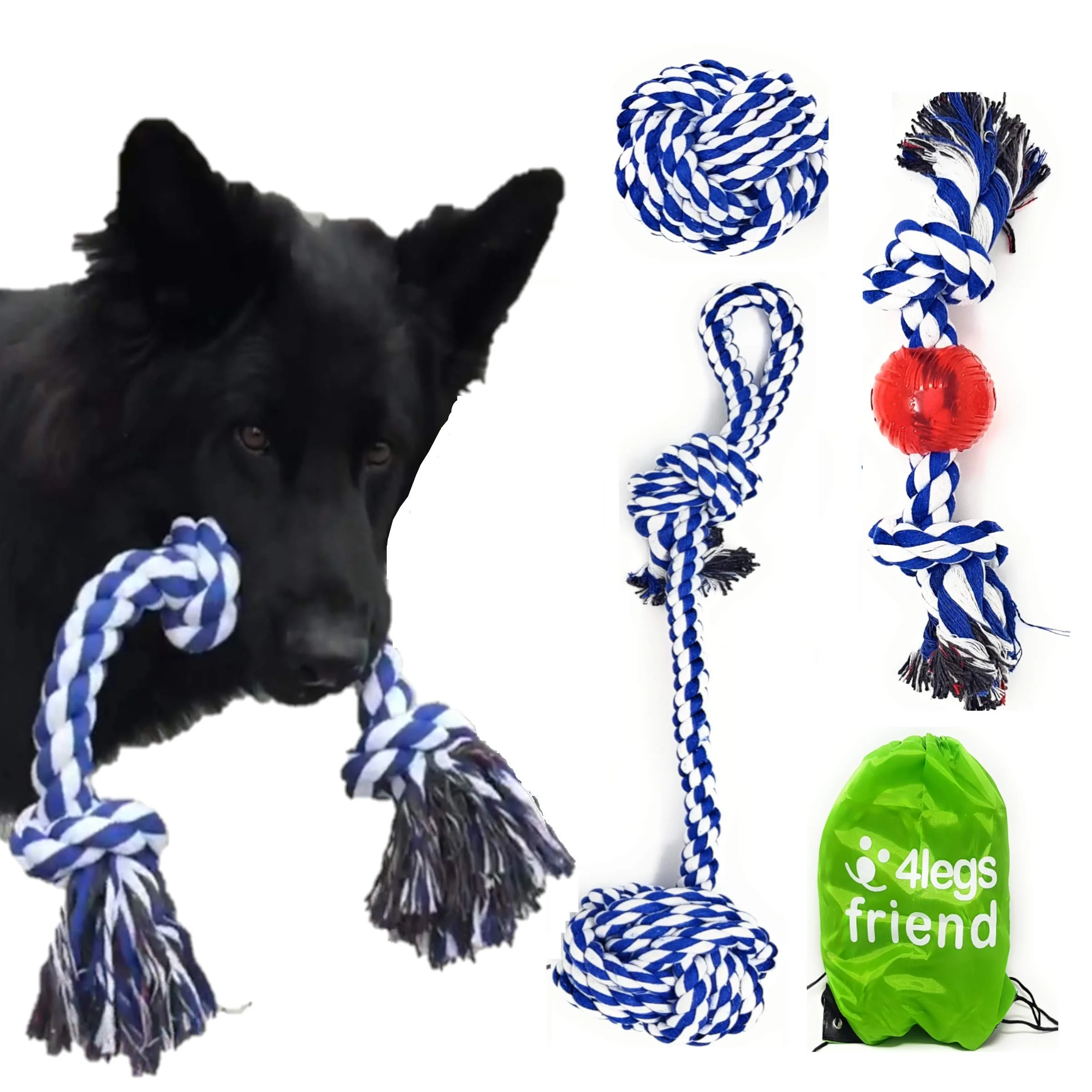 Rope Toys for Large Dogs & Puppies 4-Pack – Natural Cotton Rubber Tug-of-War Toy Set – Tough Dog Toys for Aggressive Chewers Improve Dental Hygiene – Machine-Washable Dog Rope Toy Ropes by 4LegsFriend