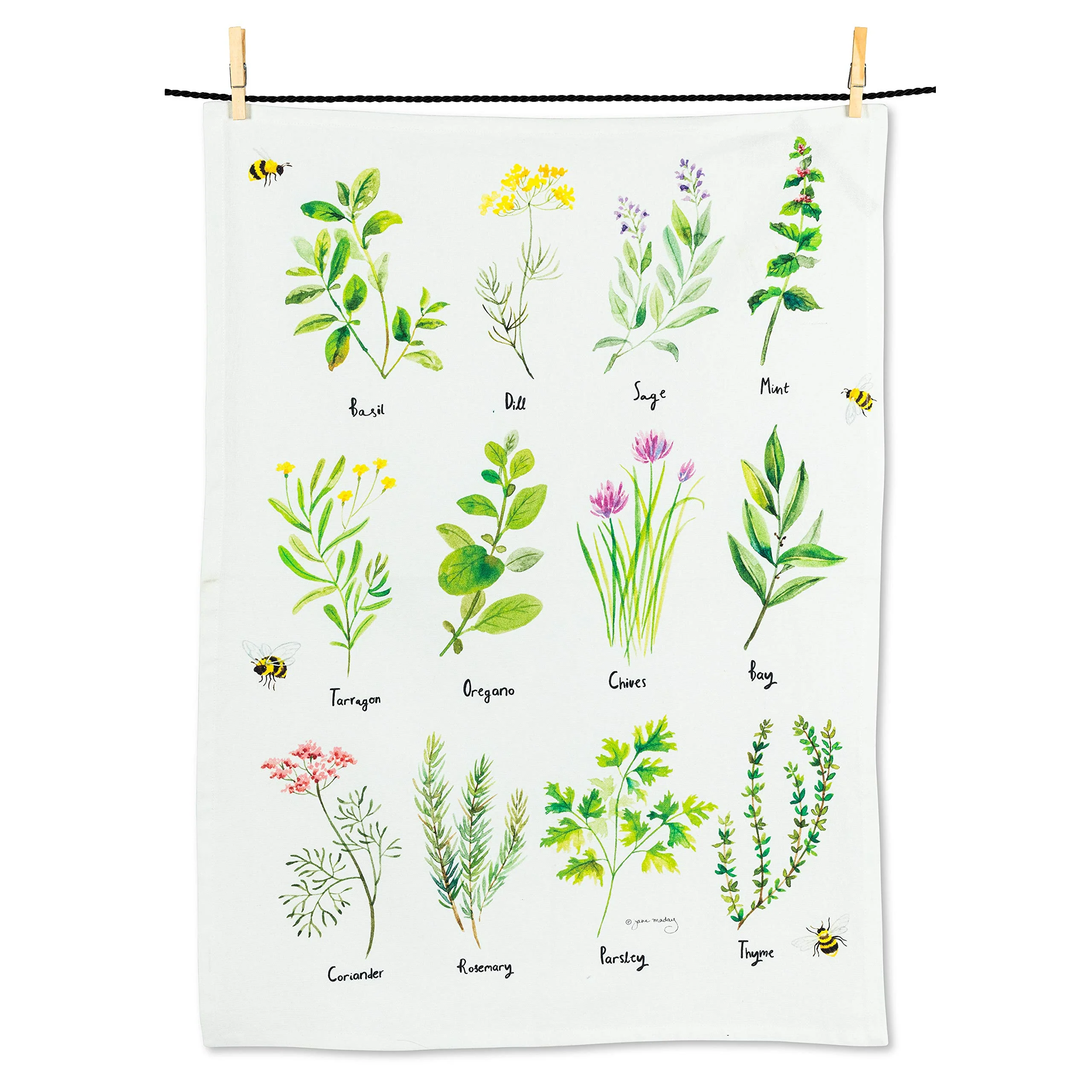 Abbott Collection 56-KT-JM-03 12 Herbs Tea Towel-20x28 L, 1 EA, White/Green