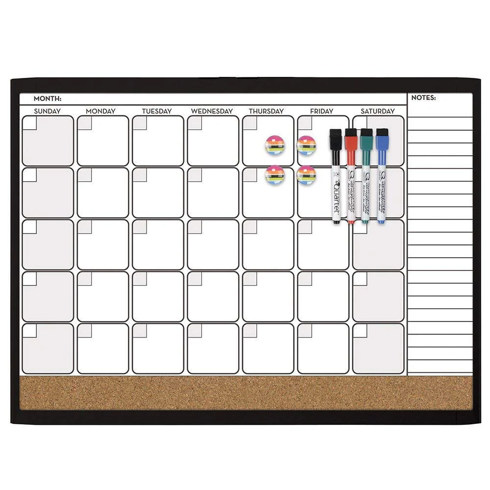 Quartet Combination Magnetic Whiteboard Calendar & Corkboard Value Pack, 17 x 23 inches Combo White Board & Cork Board, Black Frame (44202-BK)