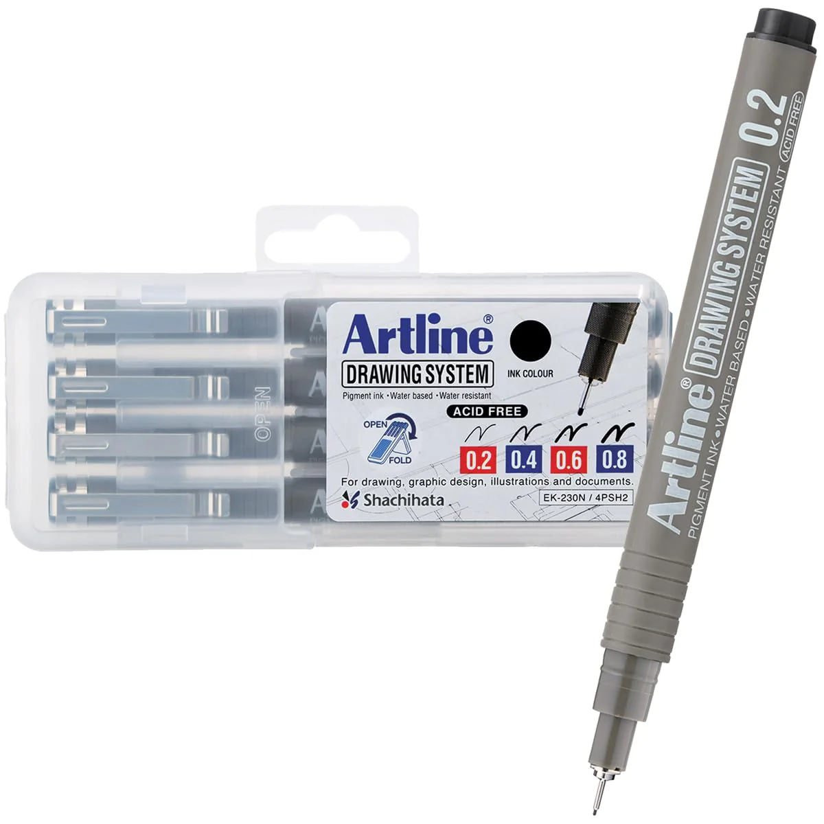 artline Drawing System Pens, 0.2, 0.4, 0.6, 0.8 mm Writing Widths, Black, 4 Pack (EK-230-4PW2)