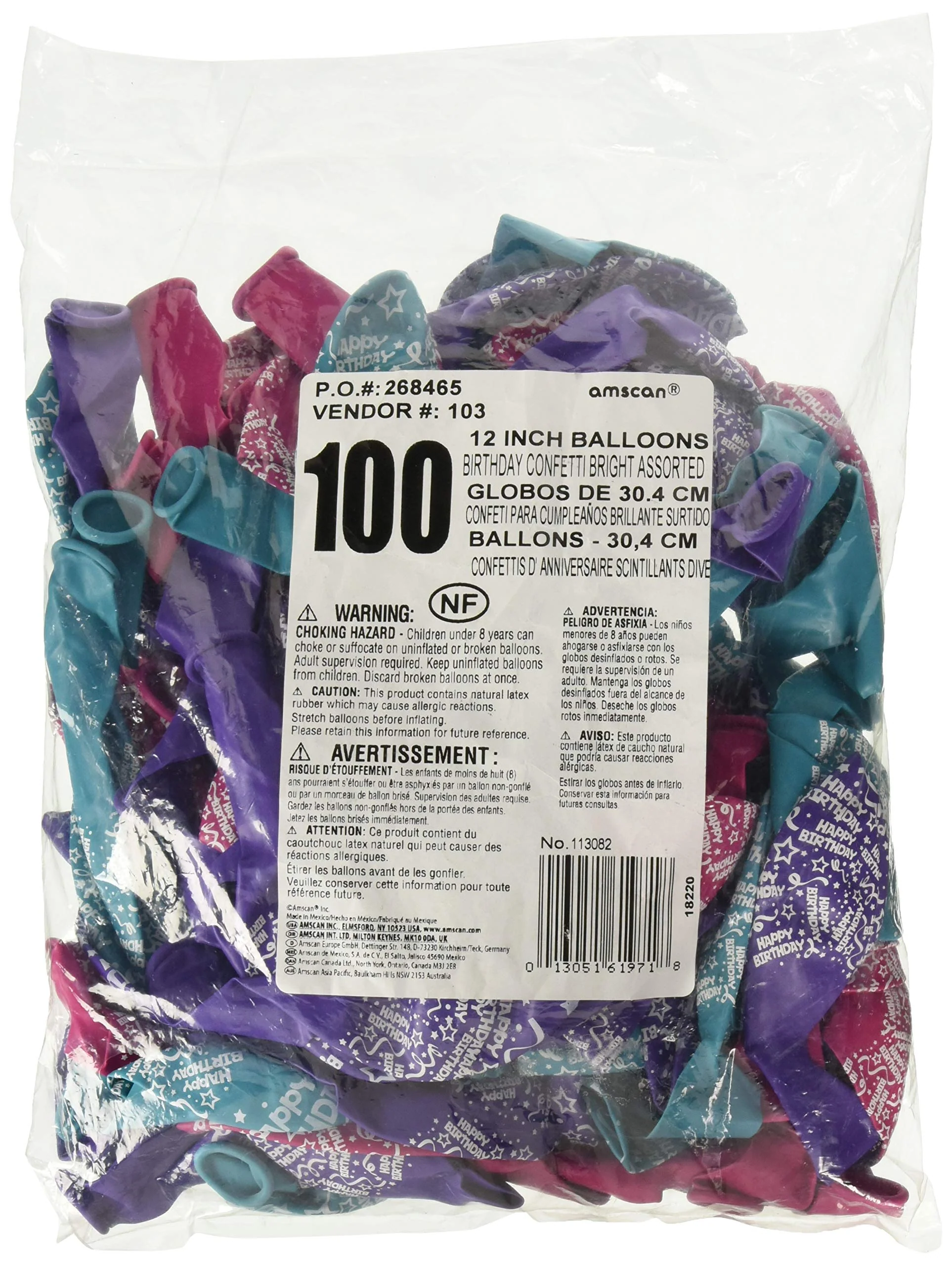 Amscan Décor Happy Birthday Confetti Printed Latex Balloons | Brights | Pack of 100 | Party Decor, 12", Assorted