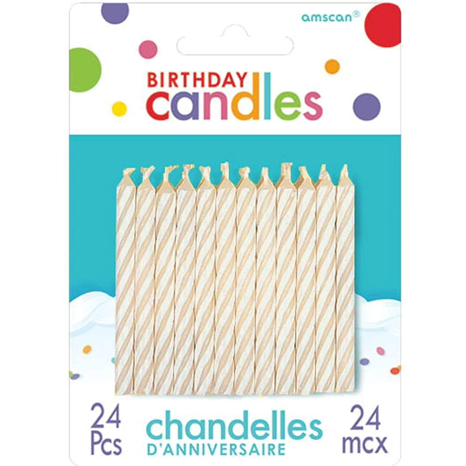 Party Time Spiral Candy Stripe Birthday Candles, Pack of 24, White , 2.5" Wax