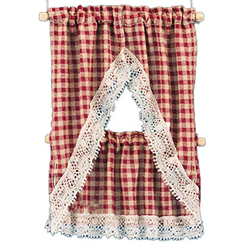 Melody Jane Dollhouse Red Beige Gingham Country Kitchen Curtains & Valance 1:12 Accessory