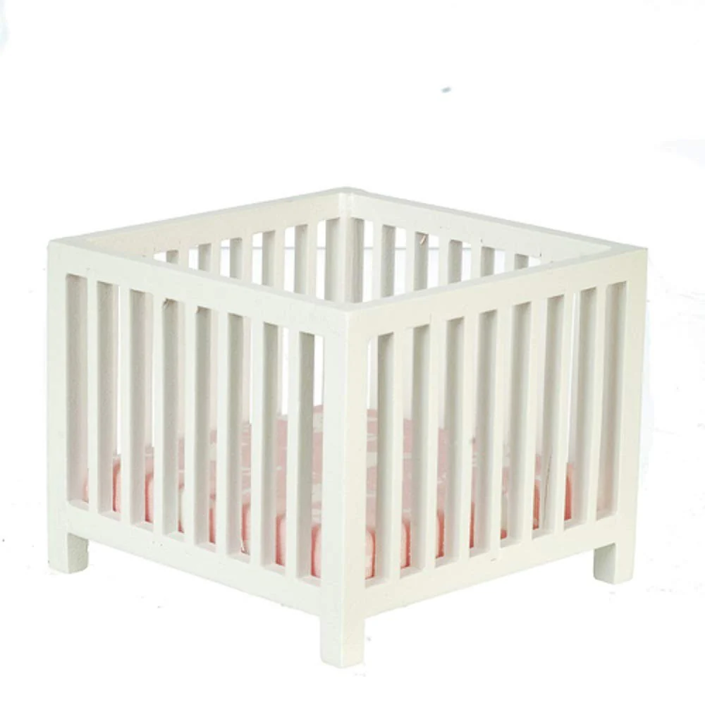 Dollhouse Miniature White Slatted Play Pen with Pink Fabric