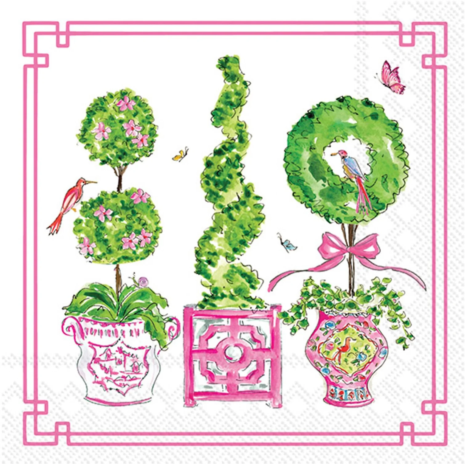IHR Ideal Home Range Cocktail Napkins Rosanne Beck Disposable 3-Ply Paper Party Napkin Pack, 5" x 5", Pink Topiaries, 20-Count