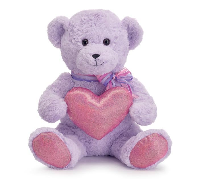 burton+BURTON Lavender Bear with Shiny Pink Heart Plush, 14.5-inch Height, Kids Stuffed Animal Toy