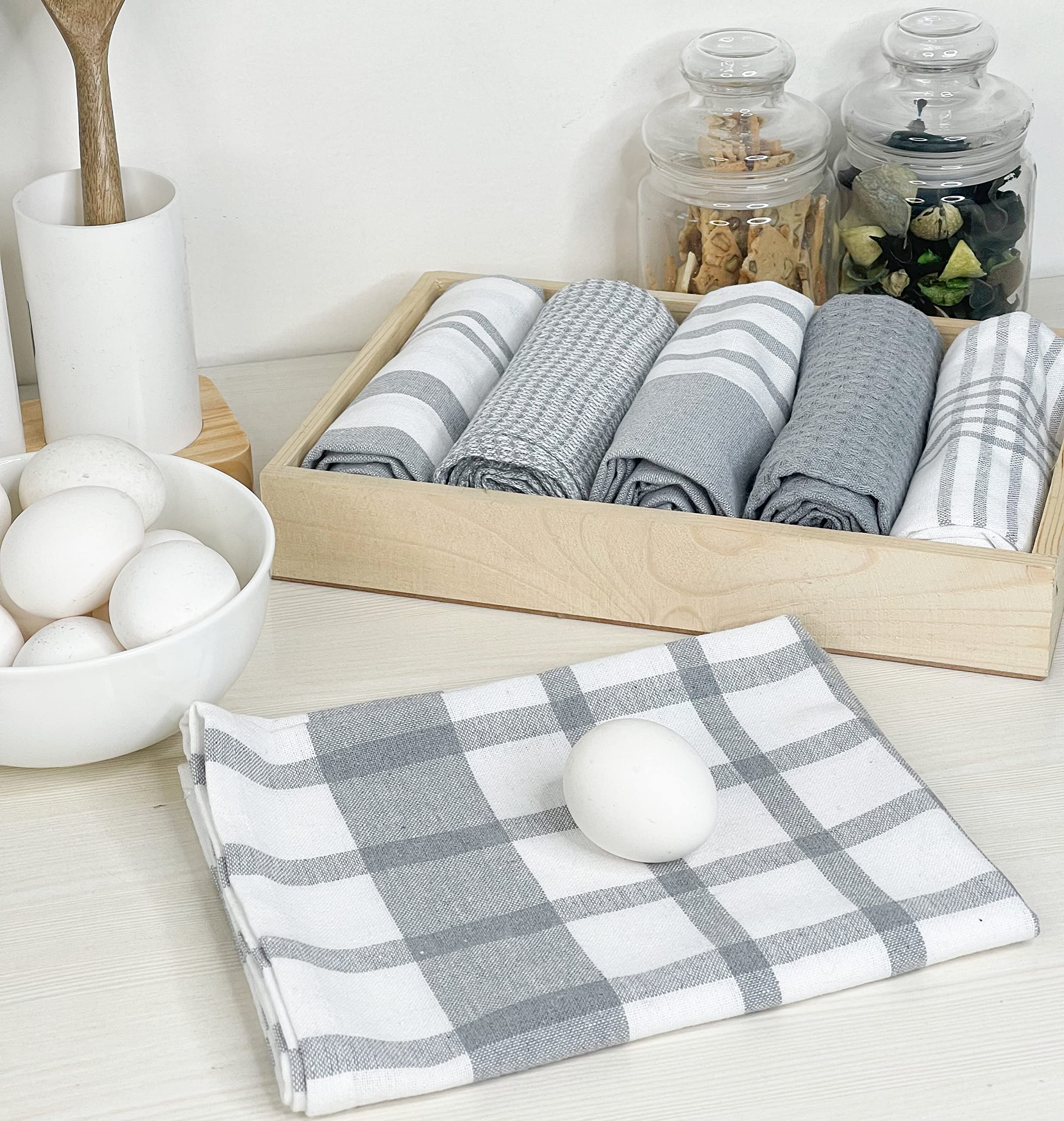 Chardin home Recycled Cotton Assorted Astoria Woven Kitchen Towels Set, Grey & White | 18x28 Inch Dish Cloths Set of 6 |Super Absorbent Reusable Hand and countertop Towels Ultra Soft Tea Towels