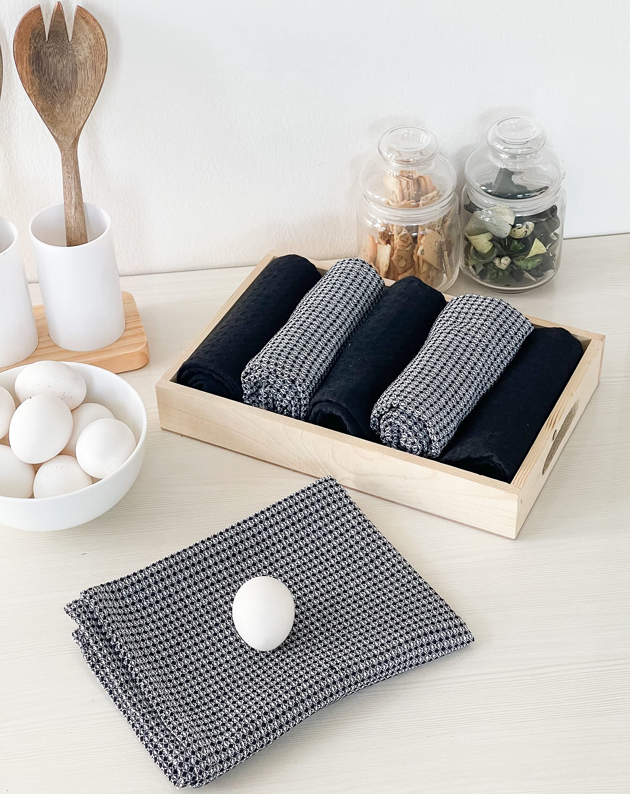Chardin home Ecofriendly Upcycled Cotton Assorted Waffle Weave Kitchen Towels Set, Black & White | 18x28 Inch Dish Cloths Set of 6 |Super Absorbent Reusable Ultra Soft Hand and countertop Tea Towels
