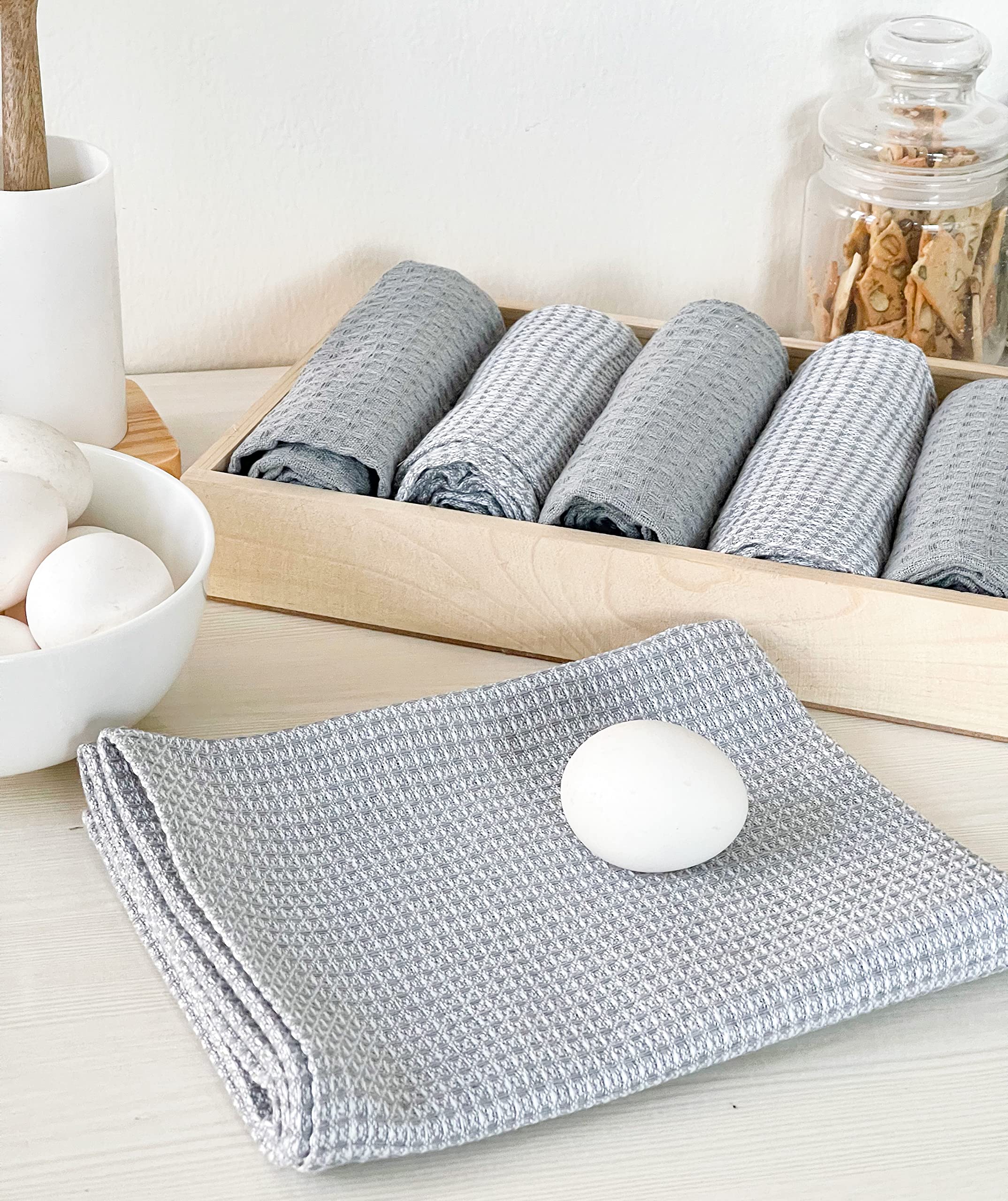 Chardin home Ecofriendly Upcycled Cotton Assorted Waffle Weave Kitchen Towels Set, Grey & White | 18x28 Inch Dish Cloths Set of 6 |Super Absorbent Reusable Ultra Soft Hand and countertop Tea Towels
