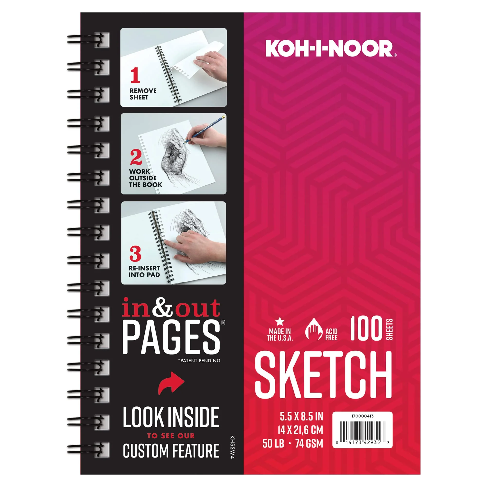 Koh-I-Noor Sketch Paper Pad with in & Out Pages, 50 lb. / 74 GSM, 5.5" x 8.5", Side Wire Bound, 100 White Sheets/Pad, 1 Each