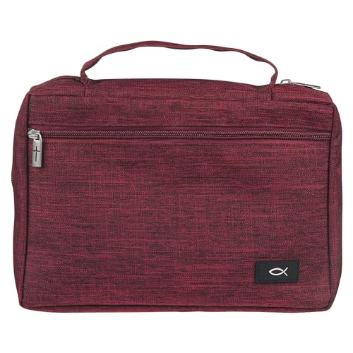 Christian Art Gifts Polyester Bible Cover for Men &amp; Women w/Jesus Fish Patch, Secure Zipper Pocket, Pen Loops, Ribbon Bookmark Markers, Easy Carry Stationery Book Case, Accessories, Burgundy, Large