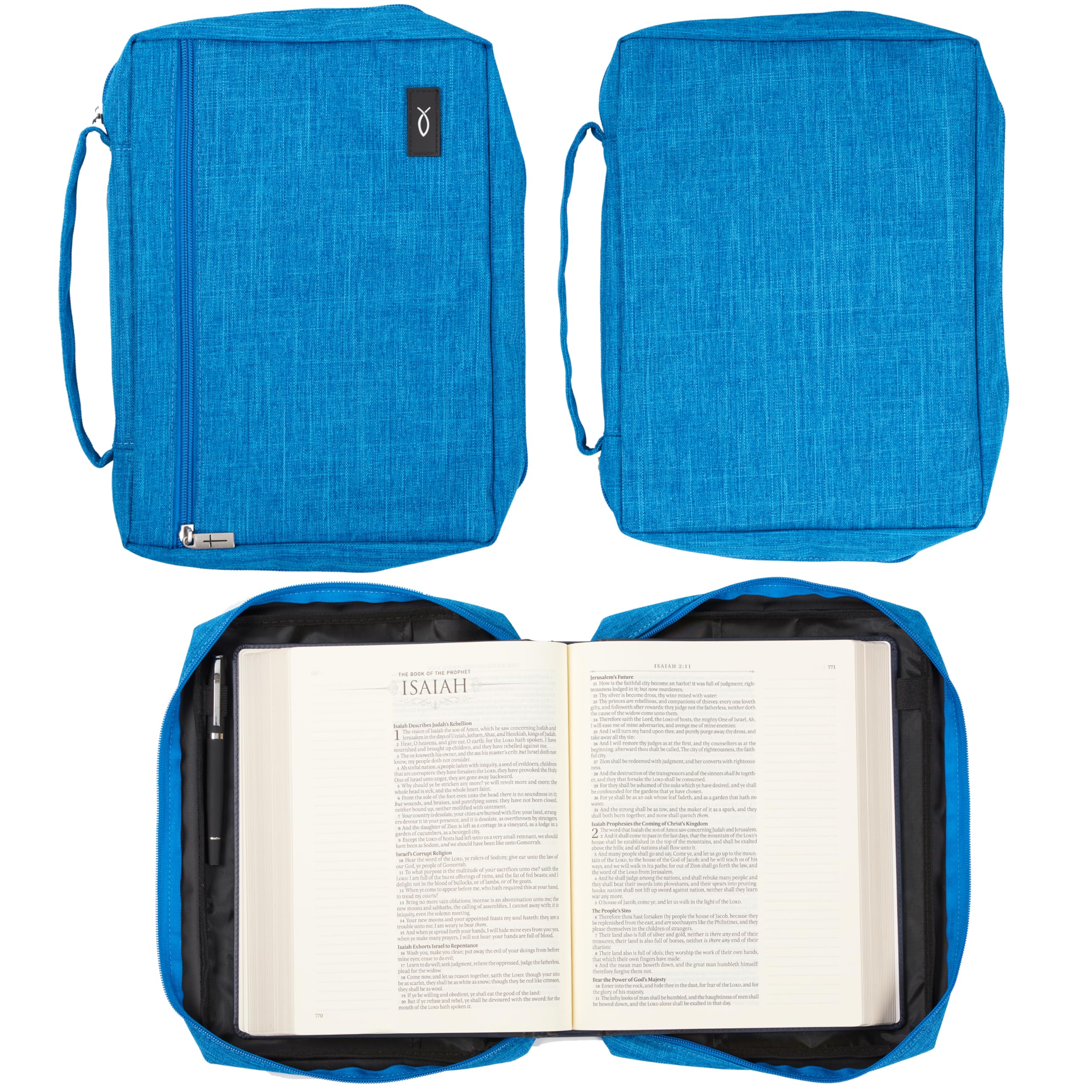 Christian Art Gifts Polyester Bible Cover for Men &amp; Women w/Jesus Fish Patch, Zipper Pocket, Pen Loops, Ribbon Bookmark Markers, Easy Carry Book Case for Stationery, Accessories, Light Blue, Medium