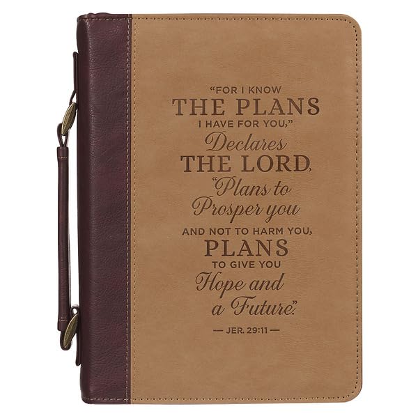 Christian Art Gifts Classic Vegan Leather Bible Cover for Men & Women: Hope & Future Encouraging Scripture Verse, Debossed Design, Sturdy Easy Carry Case, Pockets, Pen Loops Storage, Brown/Tan, XL