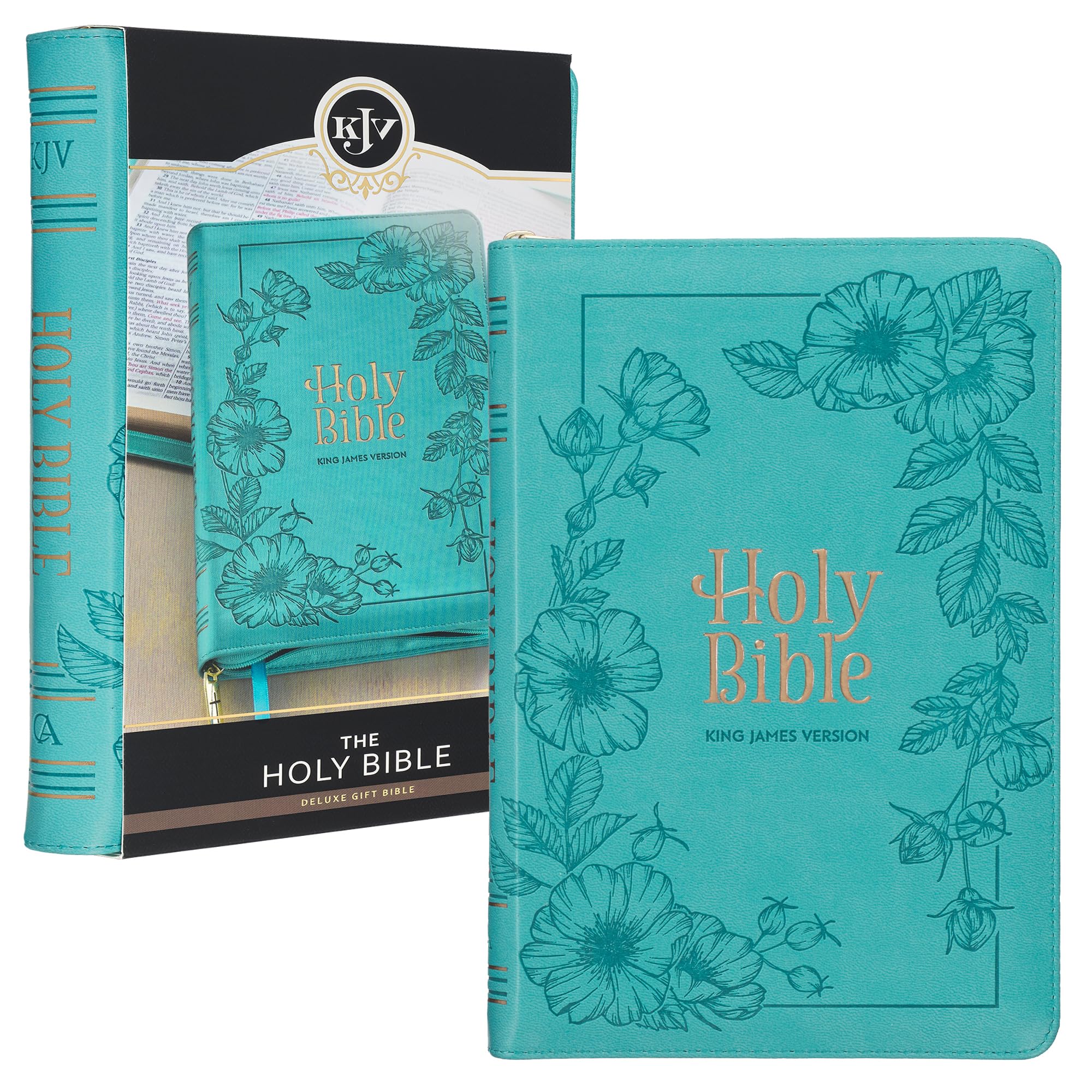 KJV Holy Bible, Standard Size Faux Leather Red Letter Edition Thumb Index, Ribbon Marker, King James Version, Teal Floral Zipper Closure