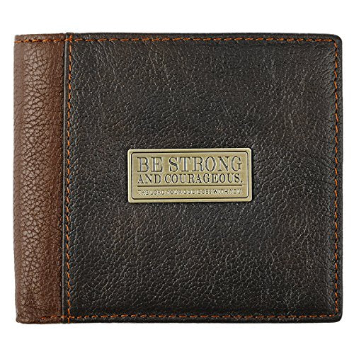 Genuine Leather Wallet for Men | Strong and Courageous with Brass Inlay – Deuteronomy 31:6 Bible Verse | Quality Classic Brown Leather Bifold Wallet | Christian Gifts for Men