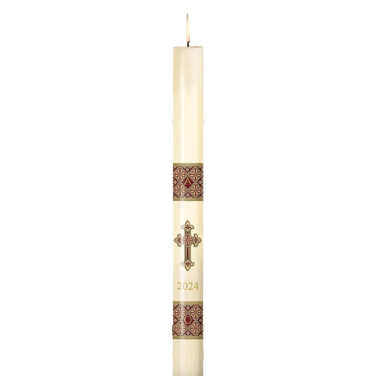 CB Church Supply Will &amp; Baumer Hand Crafted Westminster Beeswax Paschal Candle with Nails, No 11 Special, Burgundy &amp; Gold