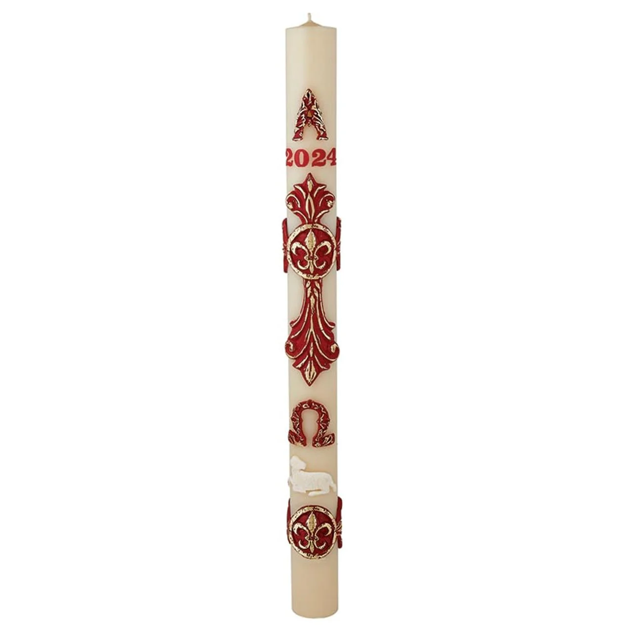 CB Church Supply Will & Baumer Hand Crafted Baroque Cross Beeswax Paschal Candle with Nails, No 9, Red & Gold