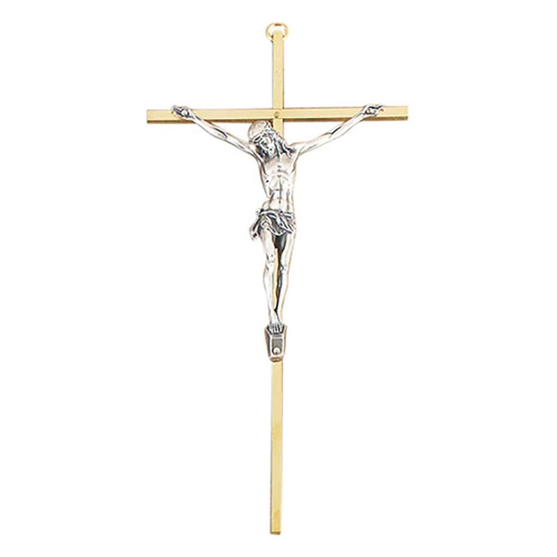 Hanging Brass Cross Crucifix with Pewter Corpus, Religious Wall Decorations for Living Room, 10 Inch