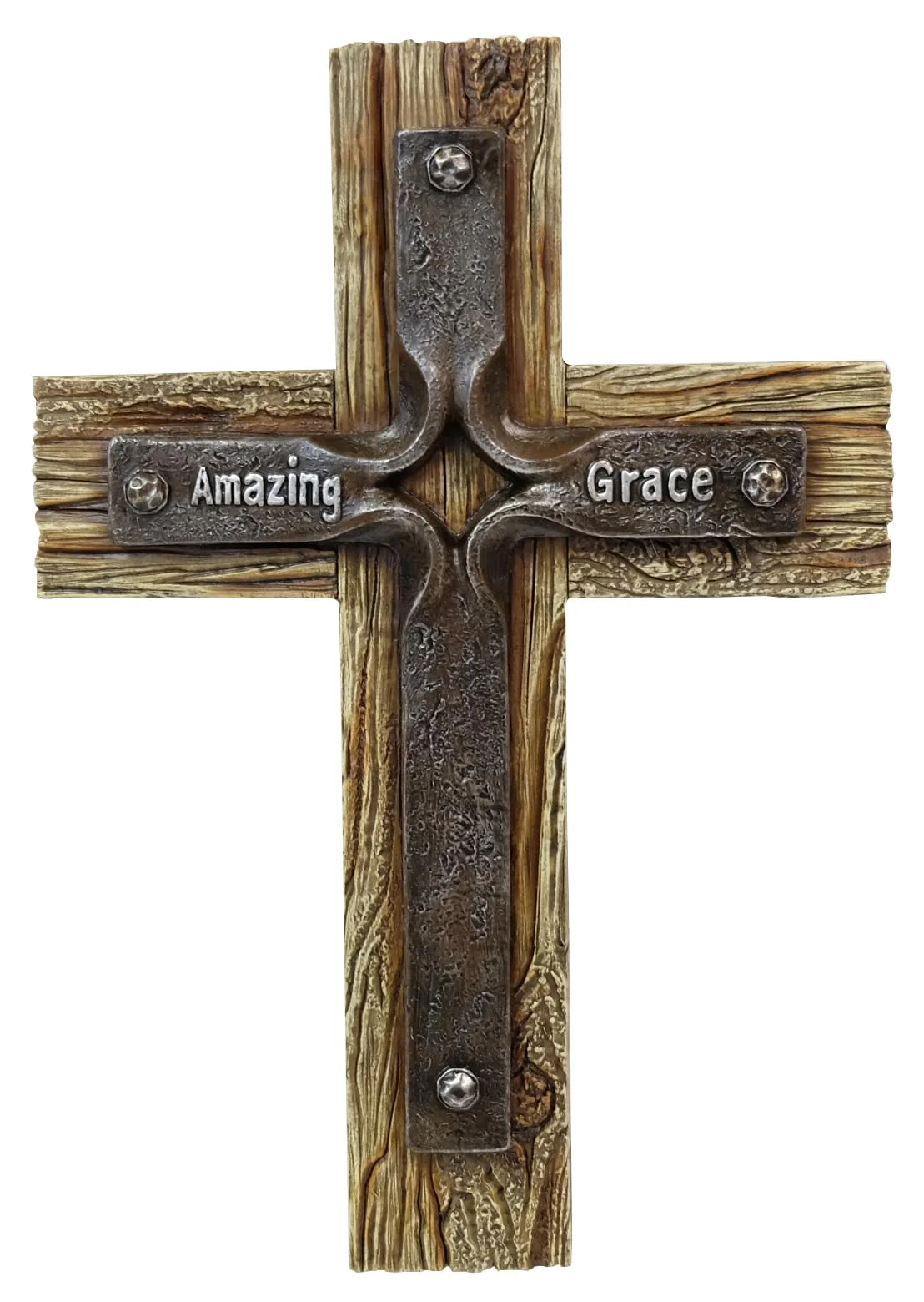 De Leon Collections Polyresin Distressed Wood Amazing Grace on Iron Cross Vintage Accent Hanging Wall Cross Décor