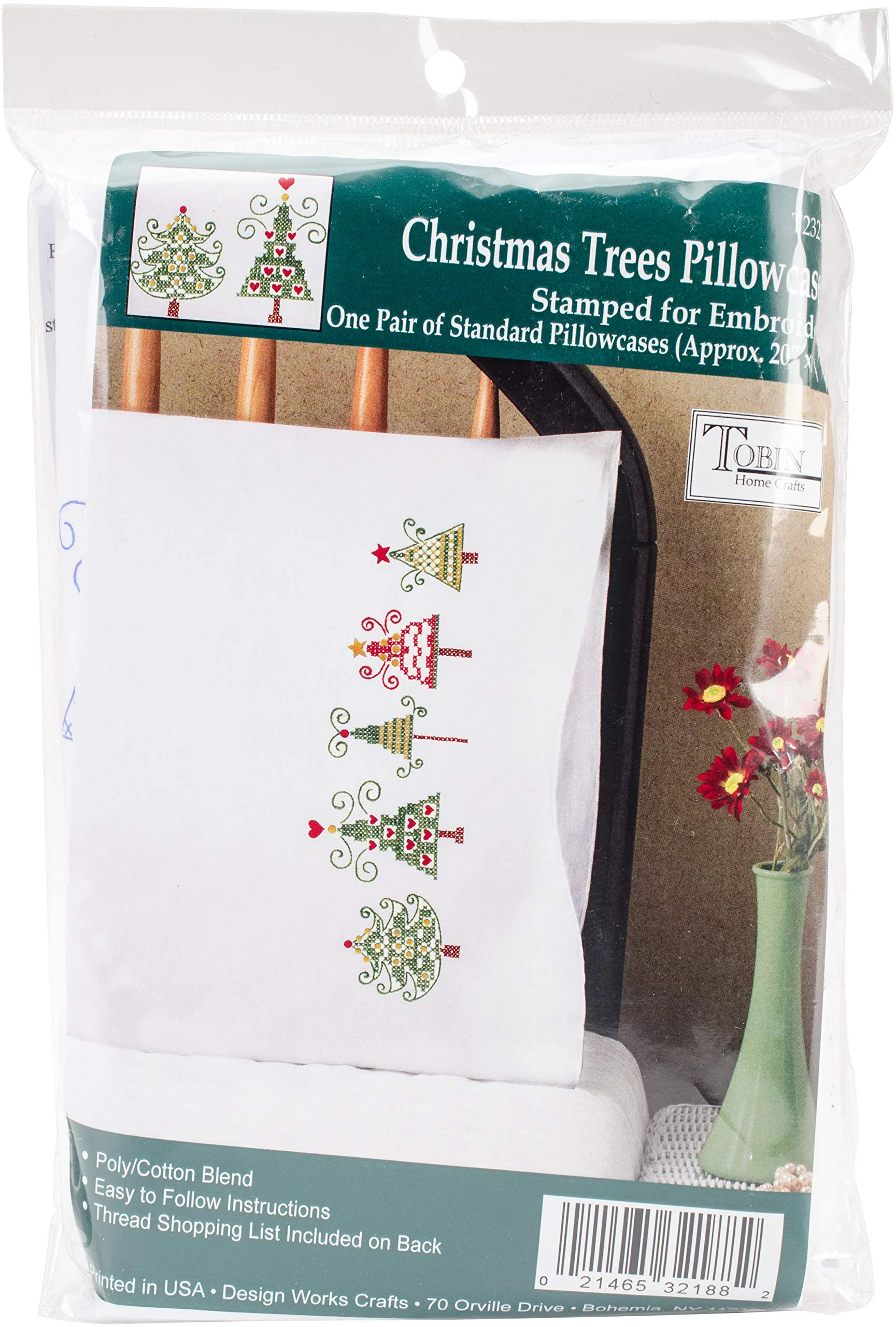 Tobin Stamped Pillowcases, Christmas Trees, 20" x 30" Embroidery Kit, Multicolor