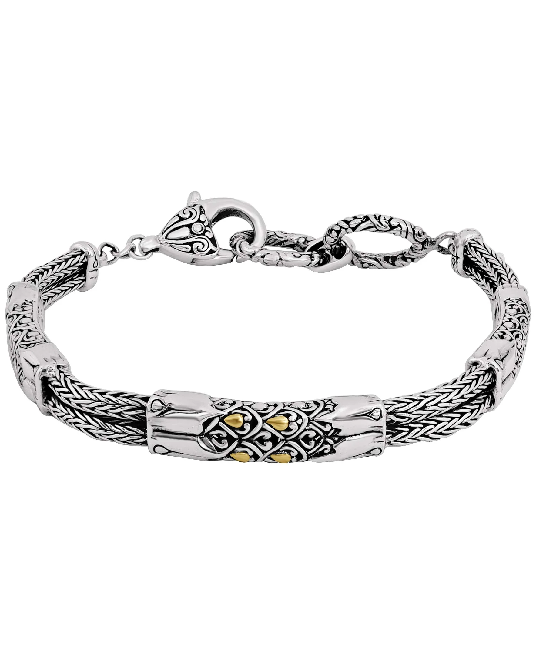 DEVATA Sterling Silver 925 and 18K Gold Bali Filigree with Woven Dragon Bone Tulang Naga Chain Link Bracelet DHK3165ATT (Size M/L)