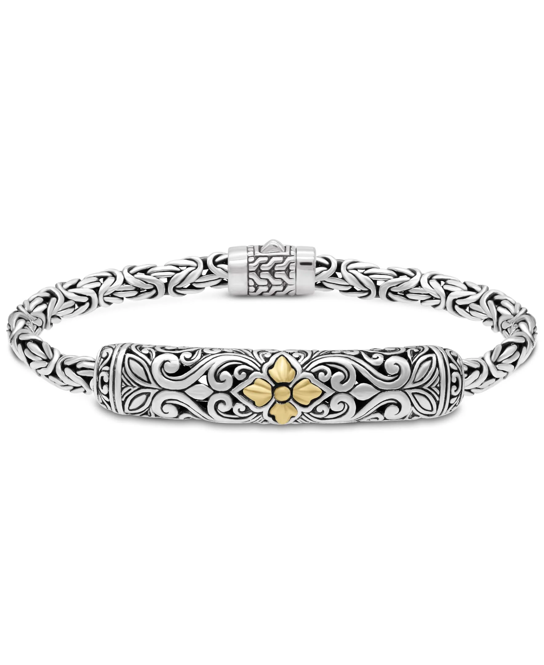 DEVATA Sterling Silver 925 and 18K Gold Accents Bali Accent with Byzantine Chain Bracelet BYK3545ATT (Bali Accent Size L/8.0")