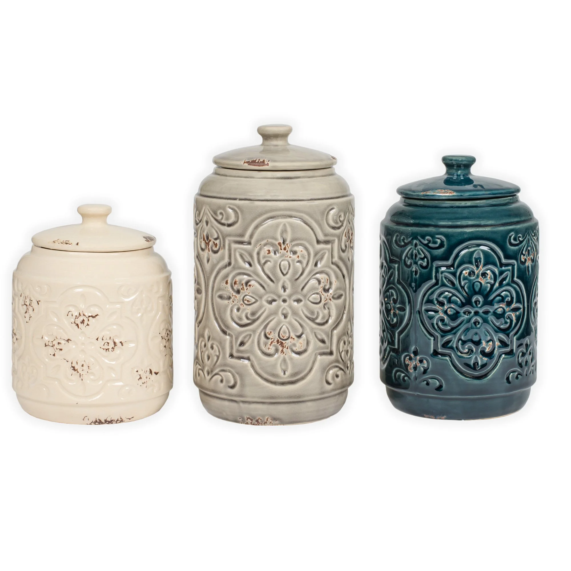 Ceramic Distressed Quilt Pattern Blue Grey Cream 3 Pc Canister Set
