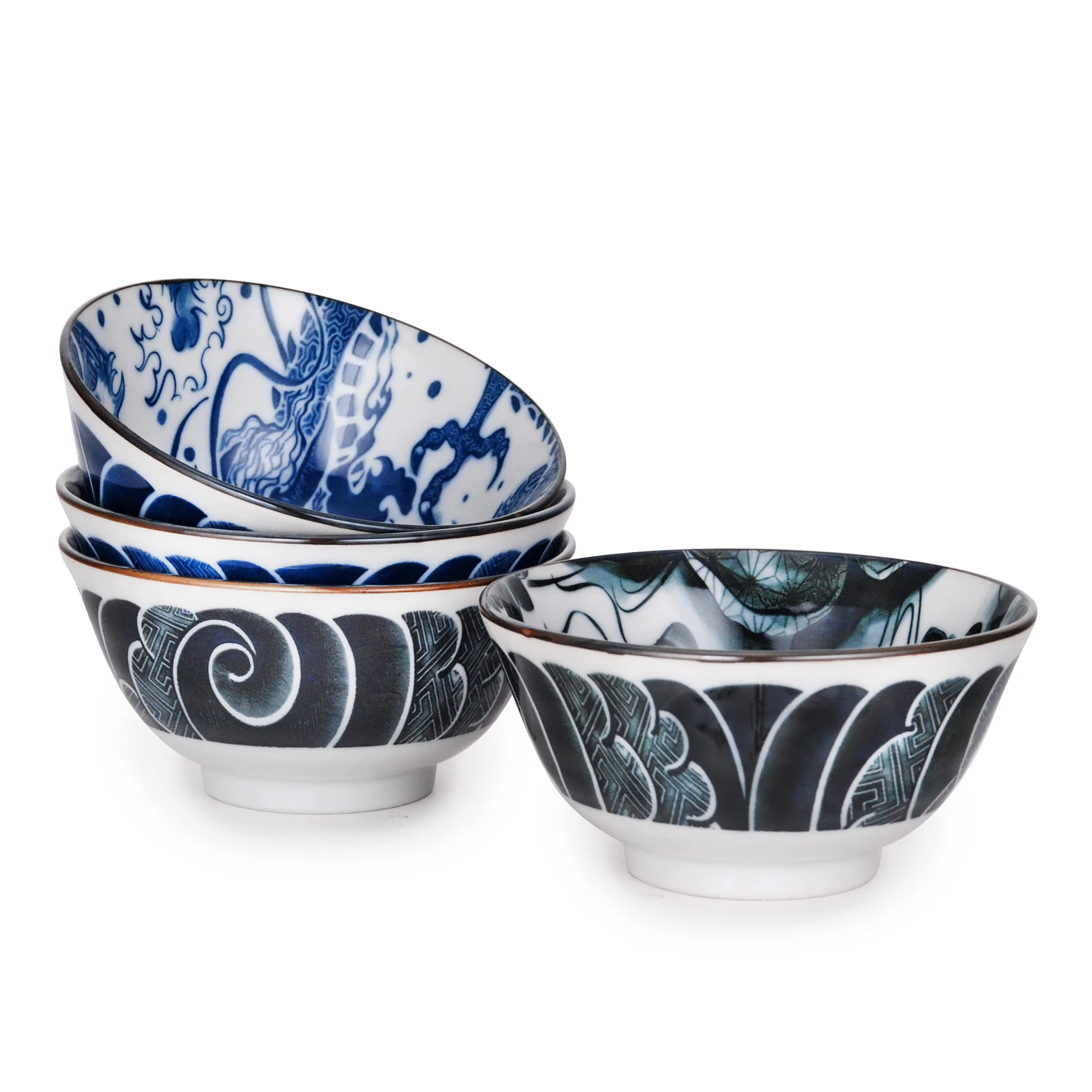 Hinomaru Collection Japanese Authentic Minoware Porcelain 14 fl oz Rice Bowl Set of 4 Ryu Dragon Koi Fish Design Tableware Made in Japan