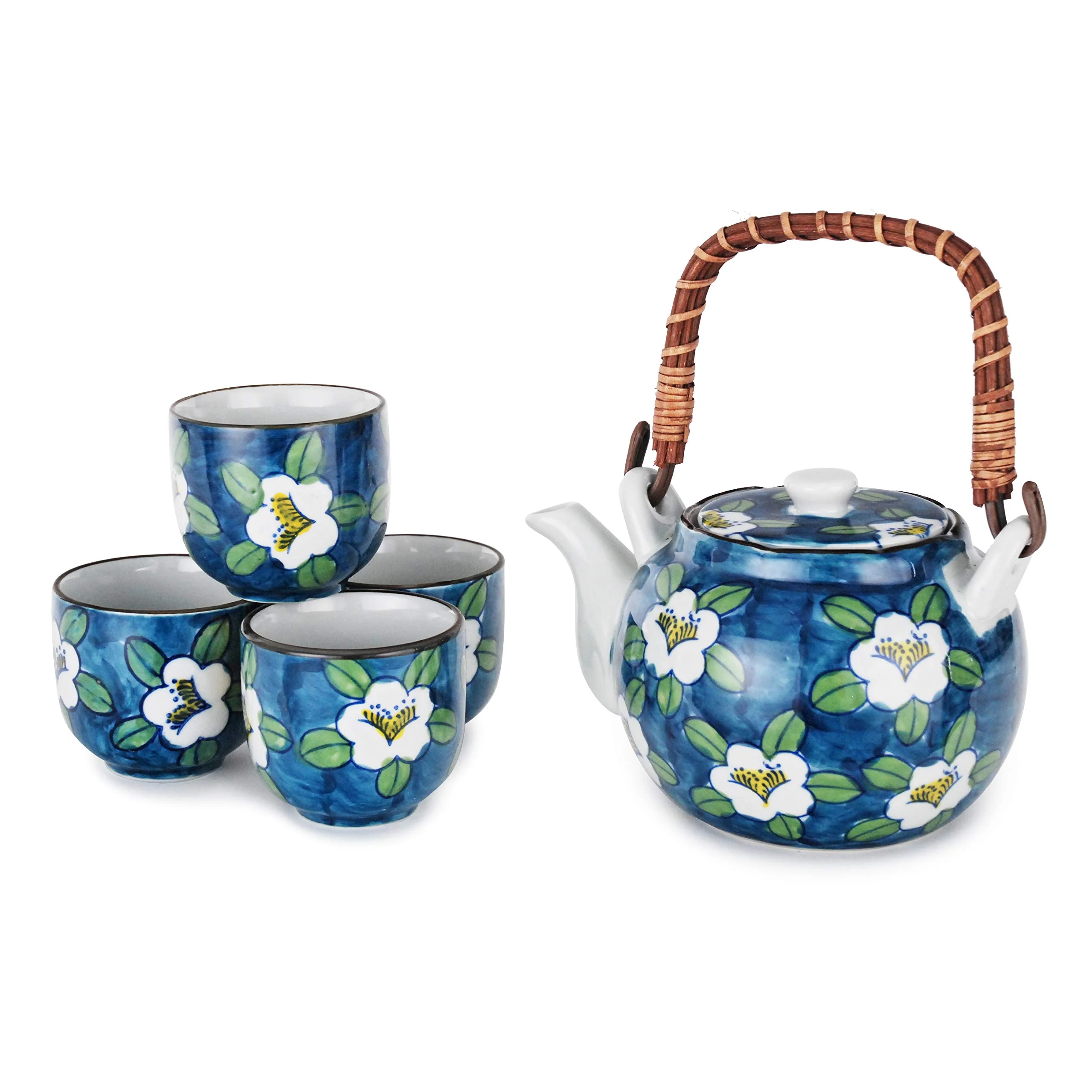 Fuji Merchandise Corp Japanese Style Tea Set Porcelain Tea Pot 22 Fl Oz with Strainer and 4 Cups Set Magnolia Flower Design