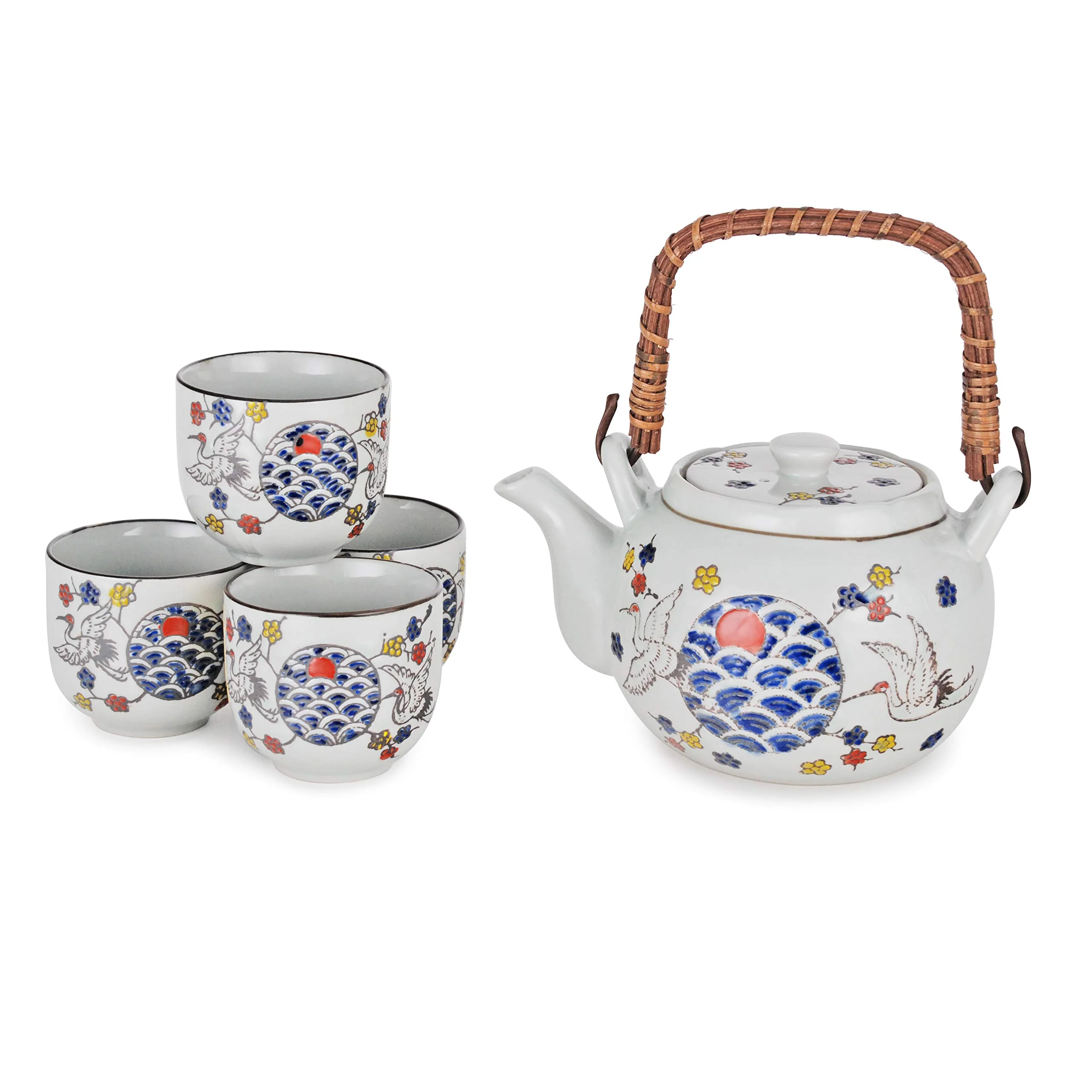 Fuji Merchandise Corp Japanese Style Tea Set Porcelain Tea Pot 22 Fl Oz with Strainer and 4 Cups Set Japanese Crane Design