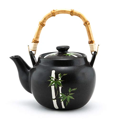 Traditional Japanese Style Ceramic Teapot with Rattan Handle 42 fl oz Teapot with Stainless Steel Infuser Strainer for Loose Leaf Tea (Bamboo)