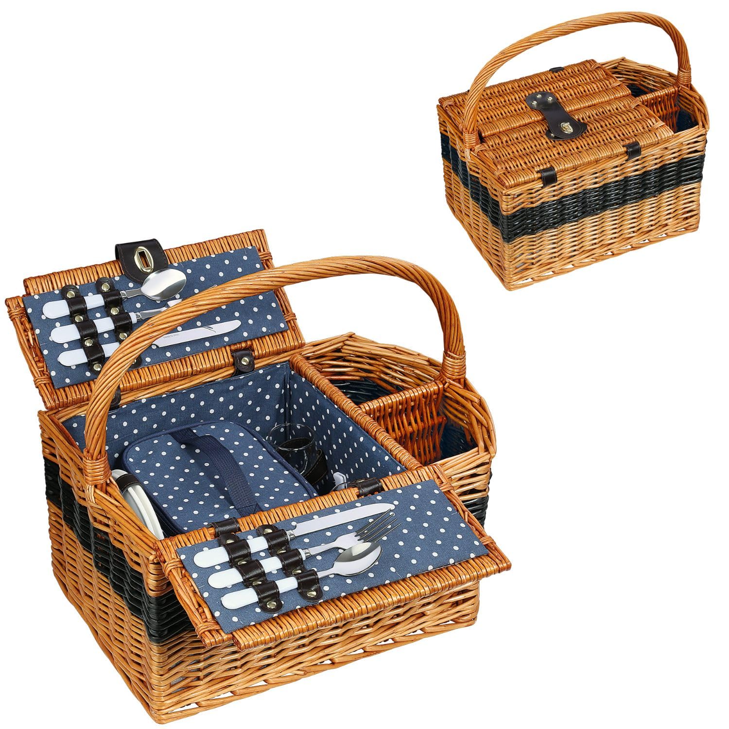 Cilio Cernobbio Outdoor Picnic Basket, Natural with Navy/Polka Dot, Basket for 2 People