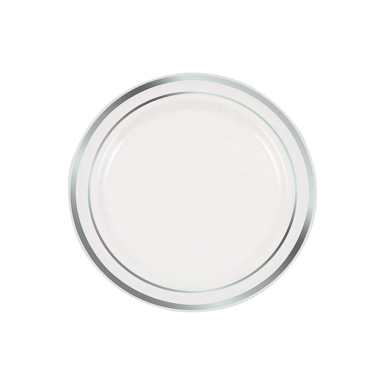 Fun Express Premium White Plastic Dessert Plates with Silver Trim - Party Supplies - 25 Pieces