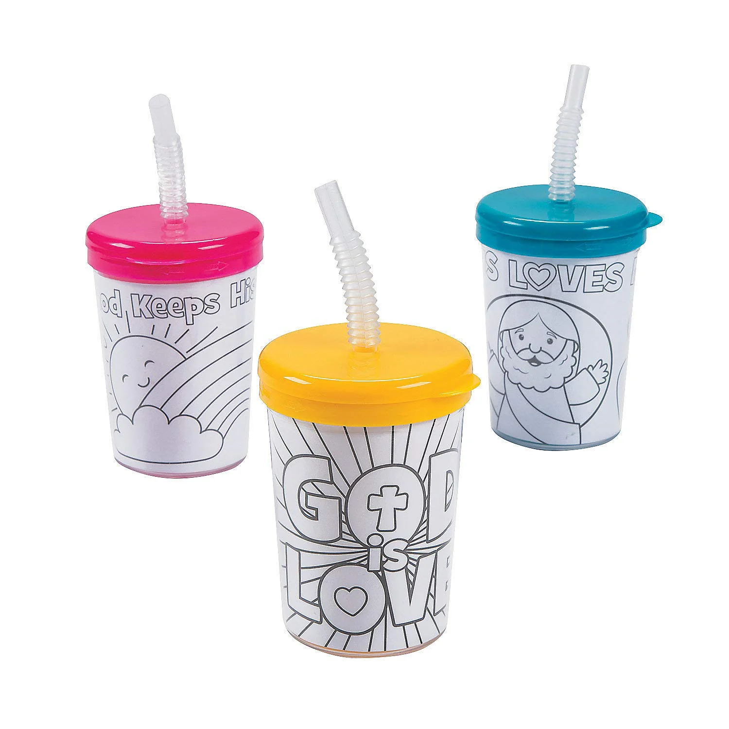 Fun Express 6 oz Color Your Own Religious Cups W/Lids & Straws, BPA Free Plastic, Crafts for Kids and Fun Home Activities, Multi-Color