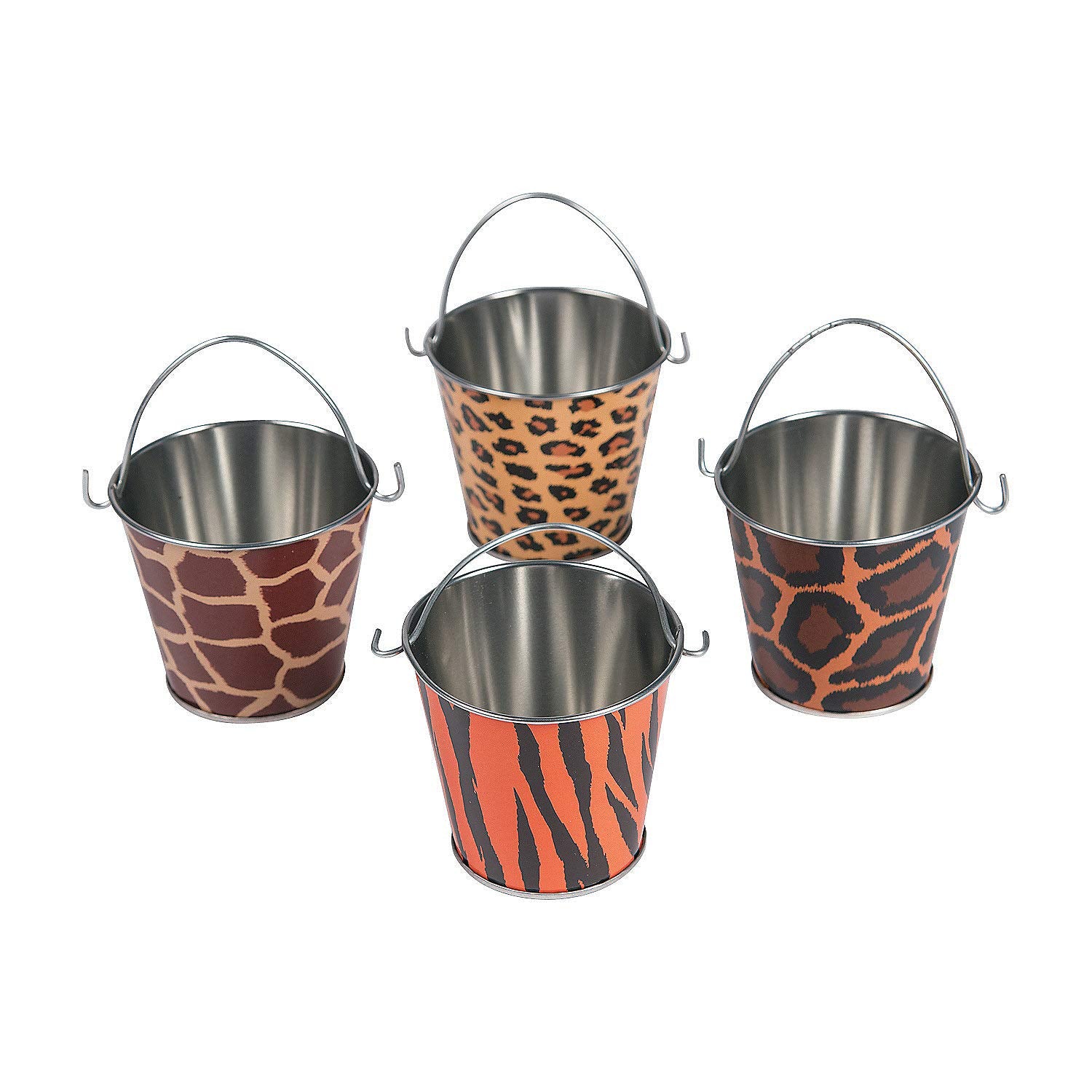 Fun Express Animal Print Safari Tin Pails (Set of 12) Party Supplies and Treat Favor Containers