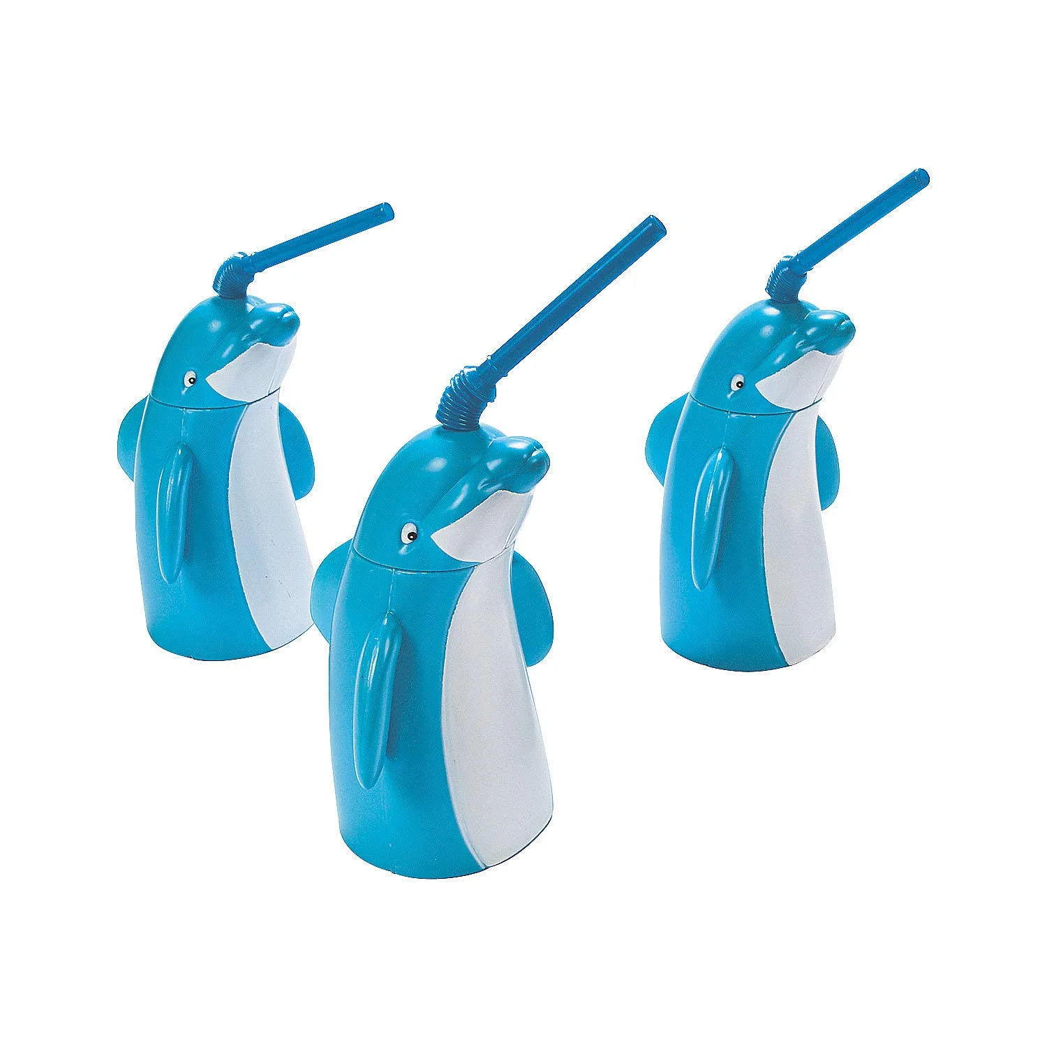 Fun Express Set of 8 Pieces Dolphin Shaped Cup with Straw, Holds 12 oz, BPA Free Plastic, Pool Party Supplies, Blue and White