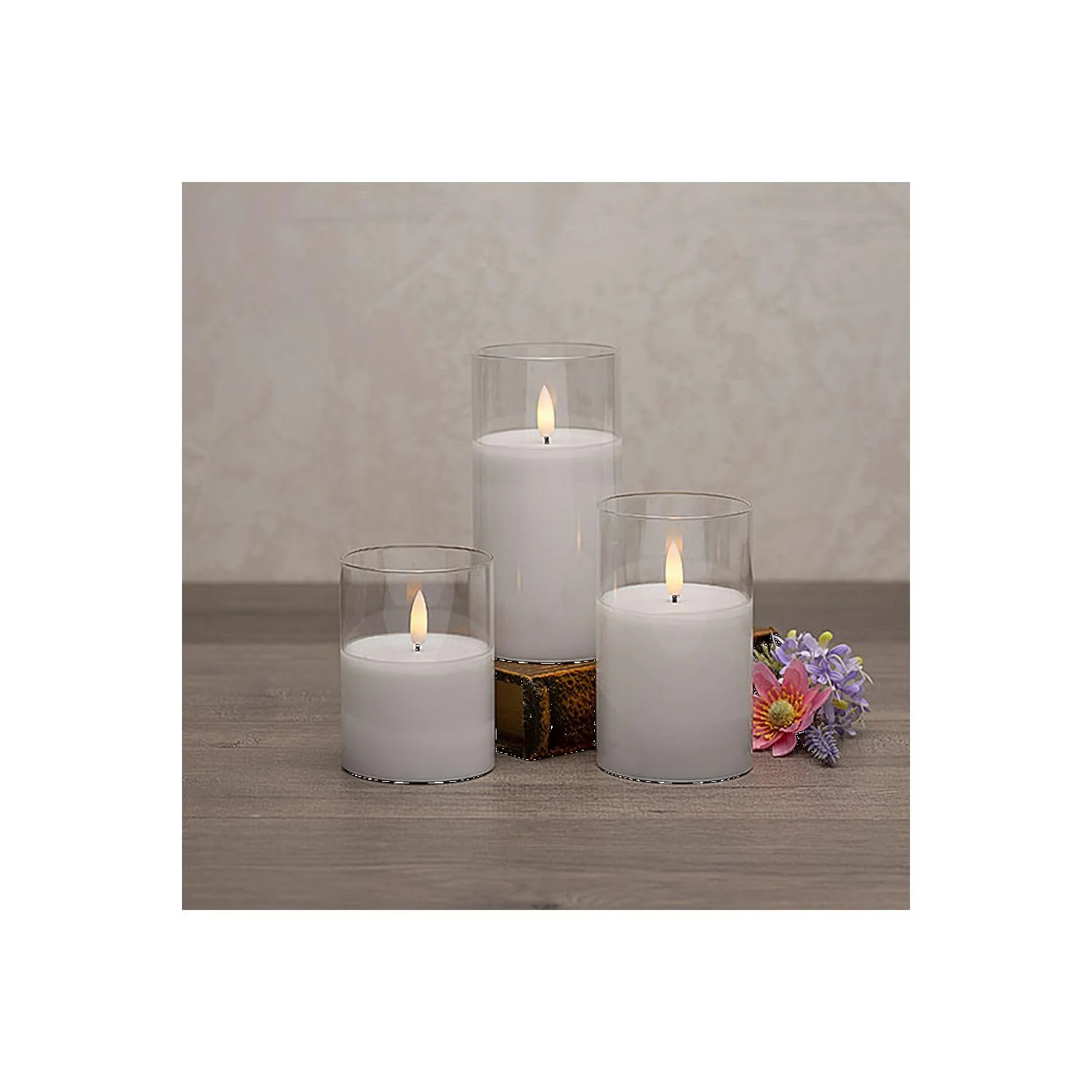 Gerson Set of 3 B/O White Wax Pillar Candles in Glass Cylinder W/Ww Led 6" H