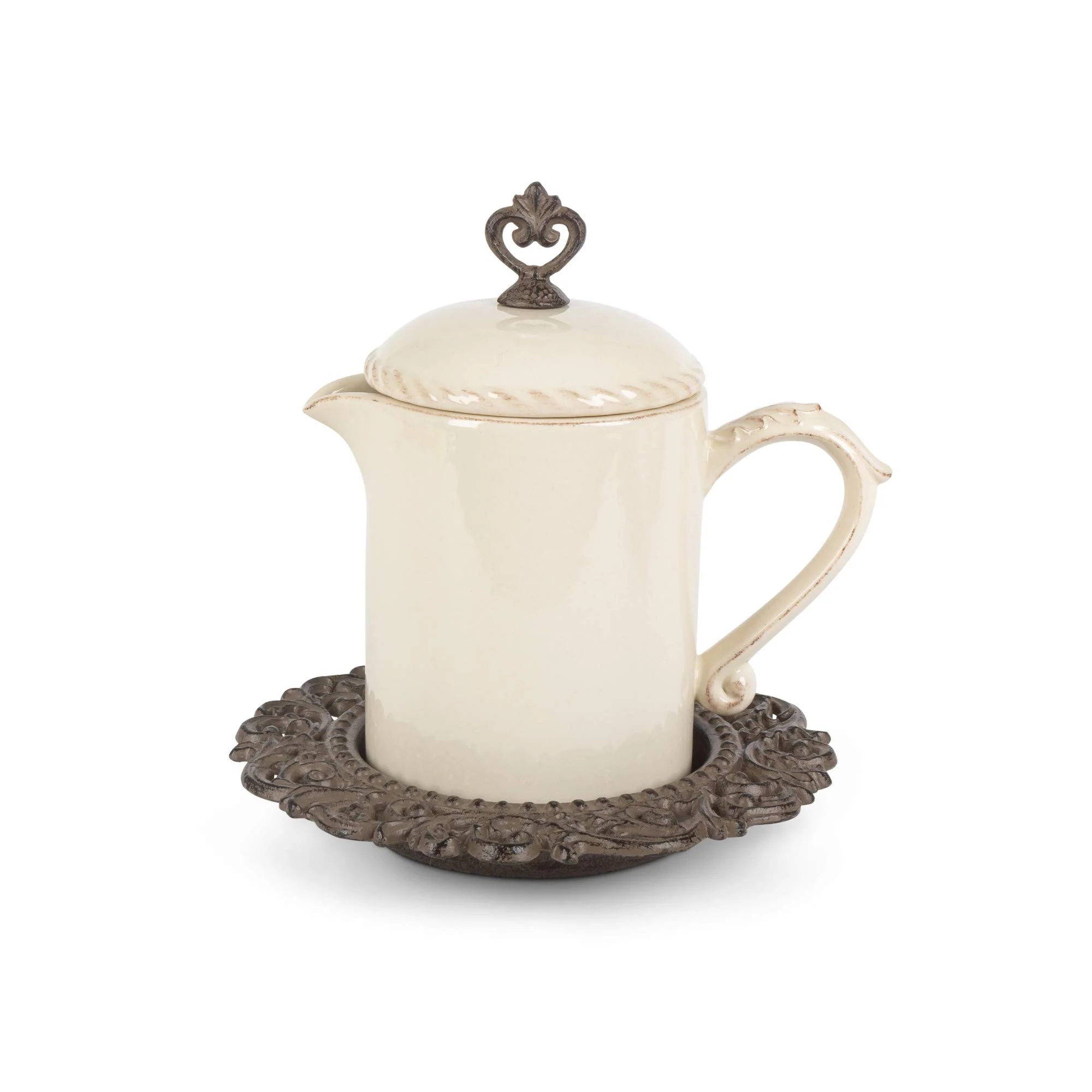 GG Stonewr Sauce Jar w/Metal Bse Other Decor, 7.75InL x 7.75InW x 8.13InH, Cream