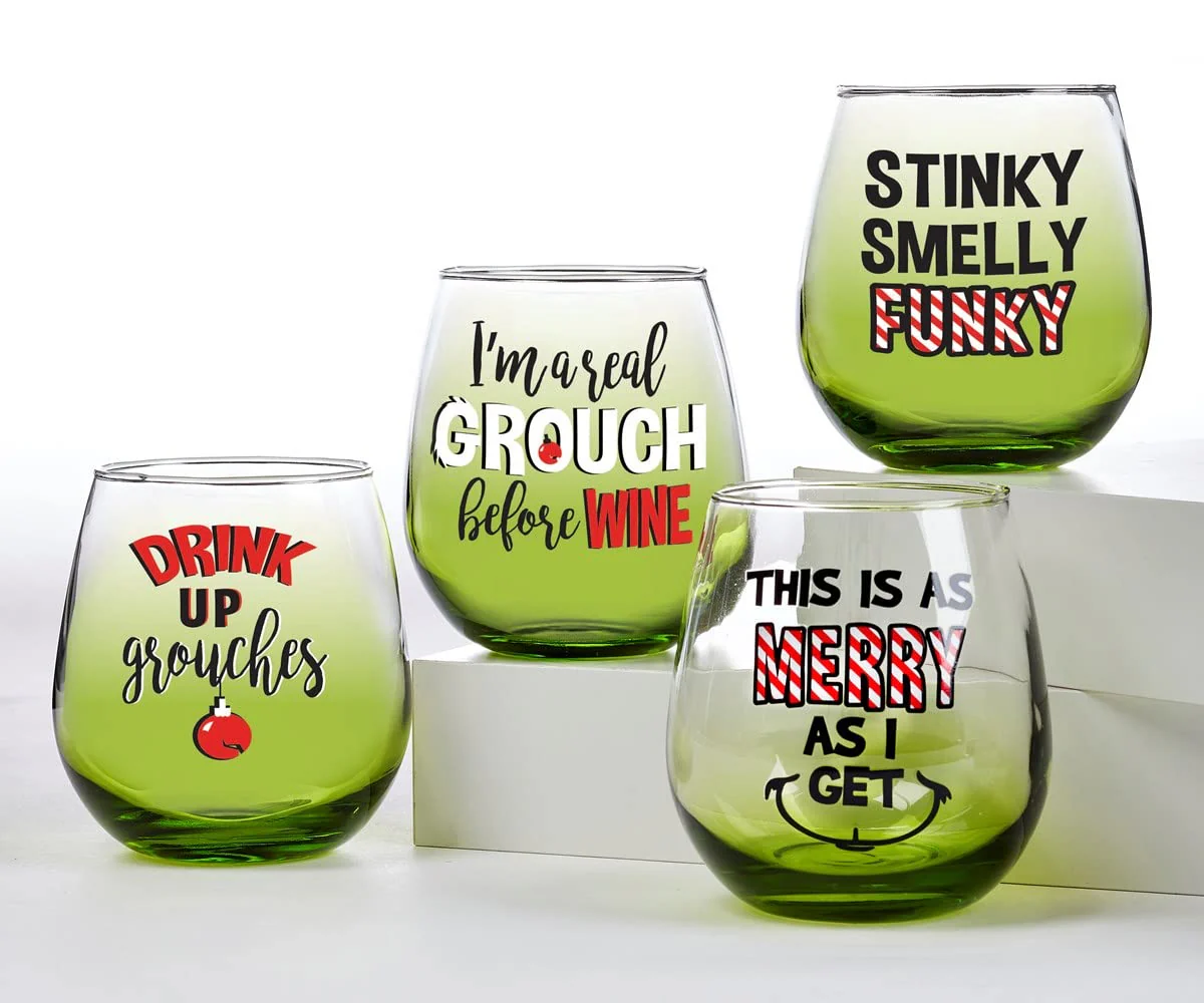 Giftcraft Grouch Stemless Wine Glass with Sentiment, 16 Ounces, Set of 4