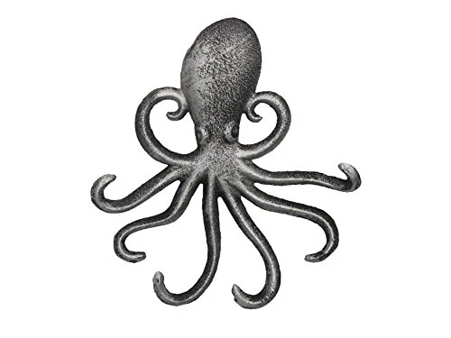 Handcrafted Nautical Decor Rustic Silver Cast Iron Wall Mounted Octopus Hooks 7" - Rustic Wall Art - Nauti