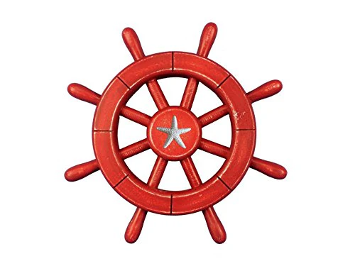 Handcrafted Nautical Decor Rustic All Red Decorative Ship Wheel With Starfish 12" - Ship Wheel Decoration-