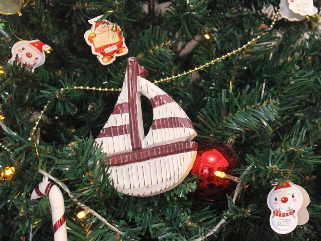 Hampton Nautical Sailboat-301-XMASS Wooden Rustic Red and White Sailboat Christmas Nautical Ornament-Tree Decoration