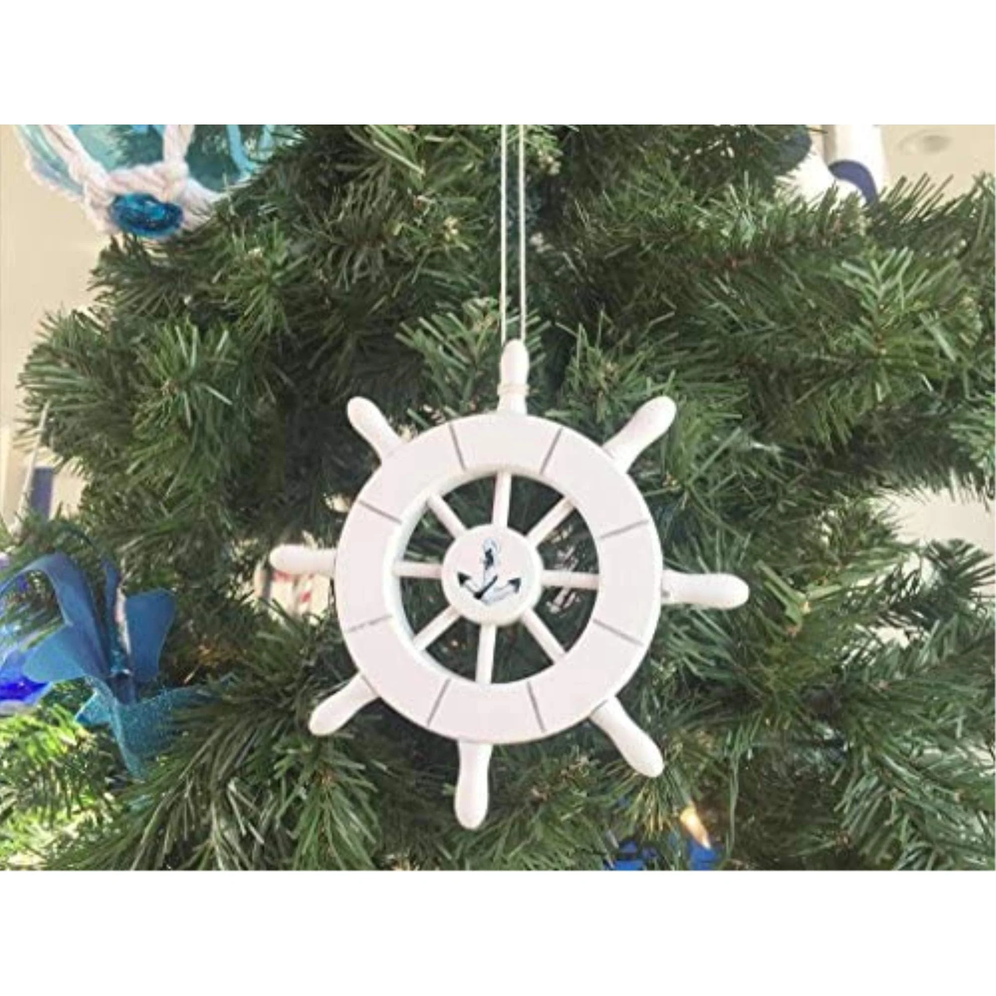 Handcrafted Nautical Decor White Decorative Ship Wheel with Anchor Christmas Tree Ornament 6" - Christmas