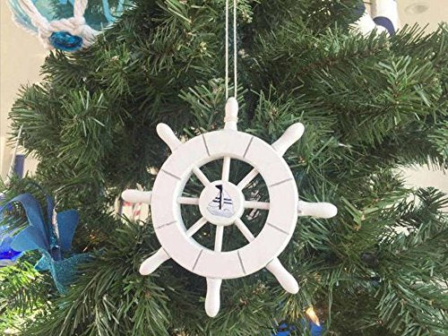 Hampton Nautical White Decorative Ship Wheel with Sailboat Christmas Tree Ornament 6" - Xmas De