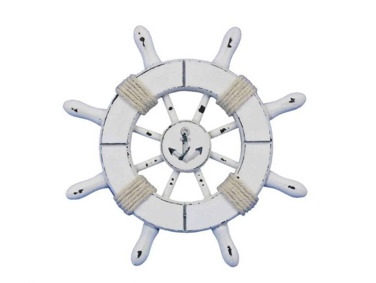 Hampton Nautical Rustic All Decorative Ship Wheel with Anchor, 6", White