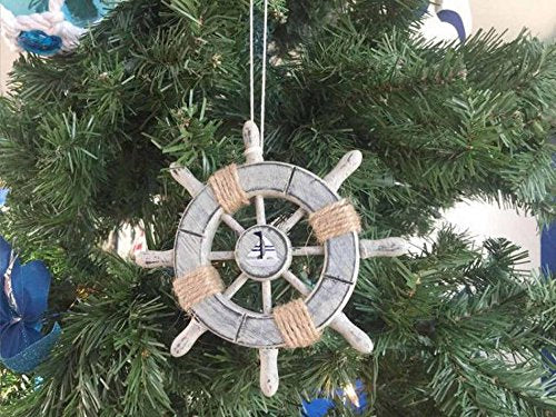 Hampton Nautical Rustic Decorative Ship Wheel with Sailboat Christmas Tree Ornament 6" - Xmas D