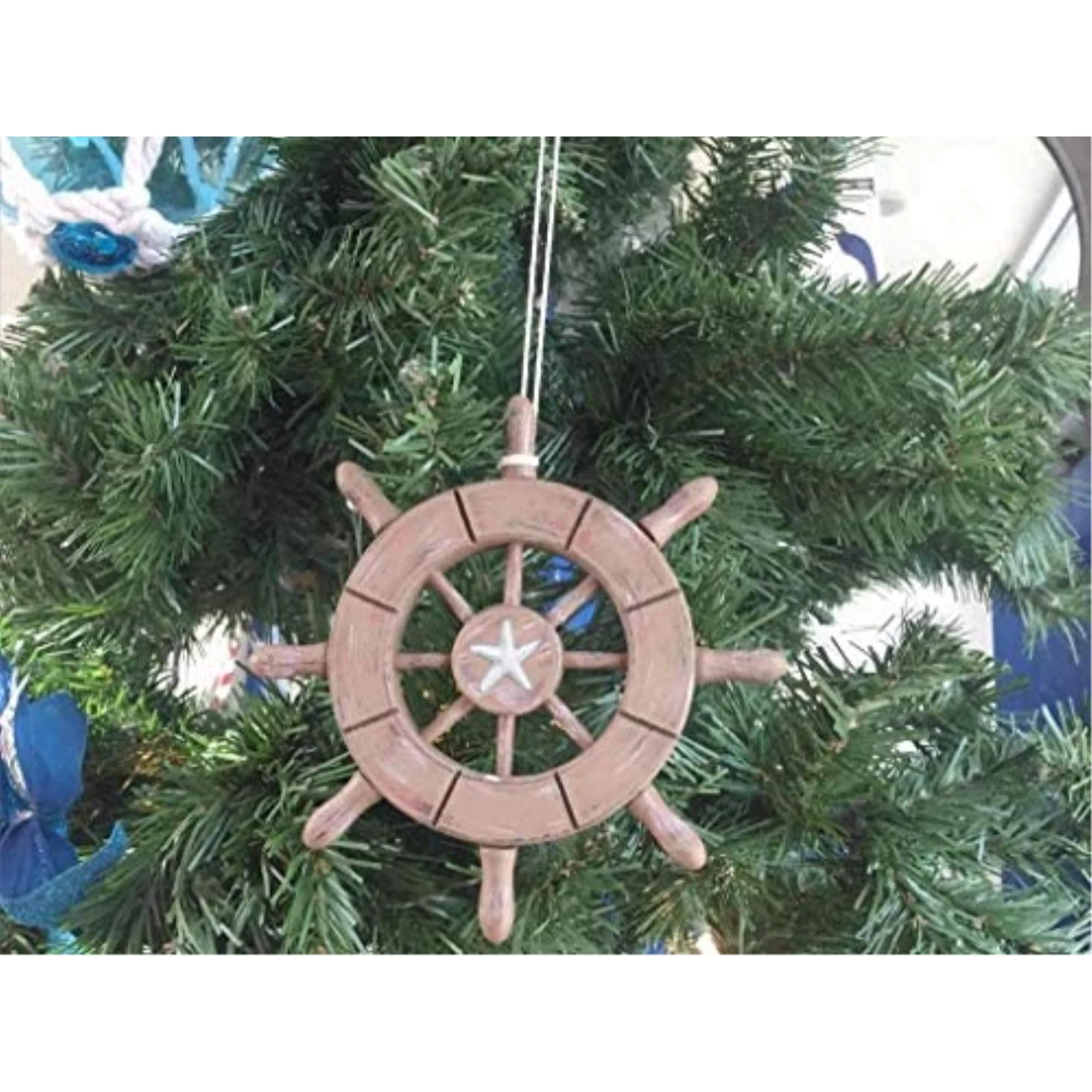 Handcrafted Nautical Decor Rustic Wood Finish Decorative Ship Wheel with Starfish Christmas Tree Ornament