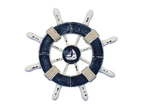 Hampton Nautical Rustic Dark Blue and White Decorative Ship Wheel with Sailboat 6" - Ship Steer