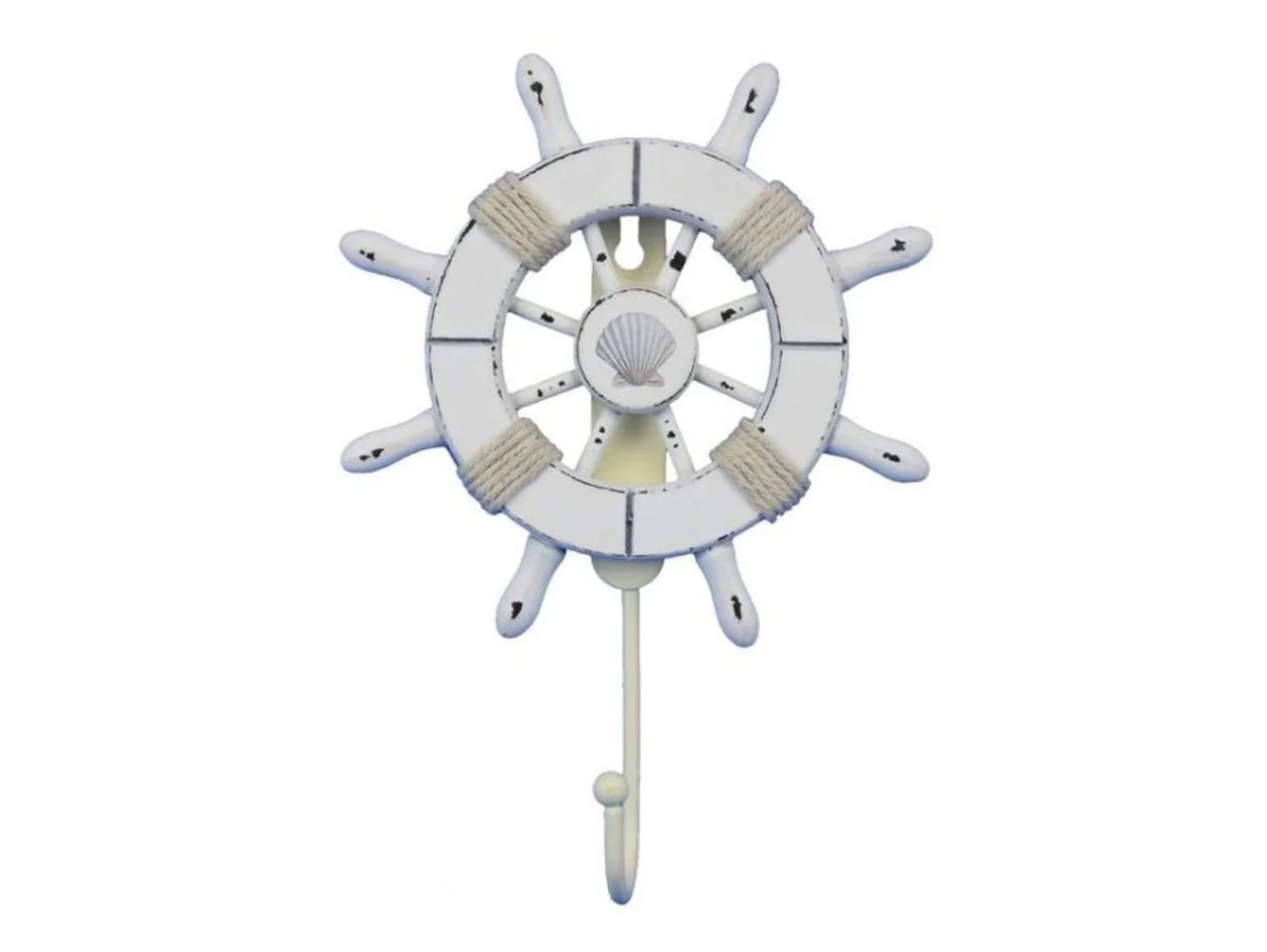 Handcrafted Nautical Decor Rustic All White Decorative Ship Wheel with Seashell with Hook 6" - Wooden Ship