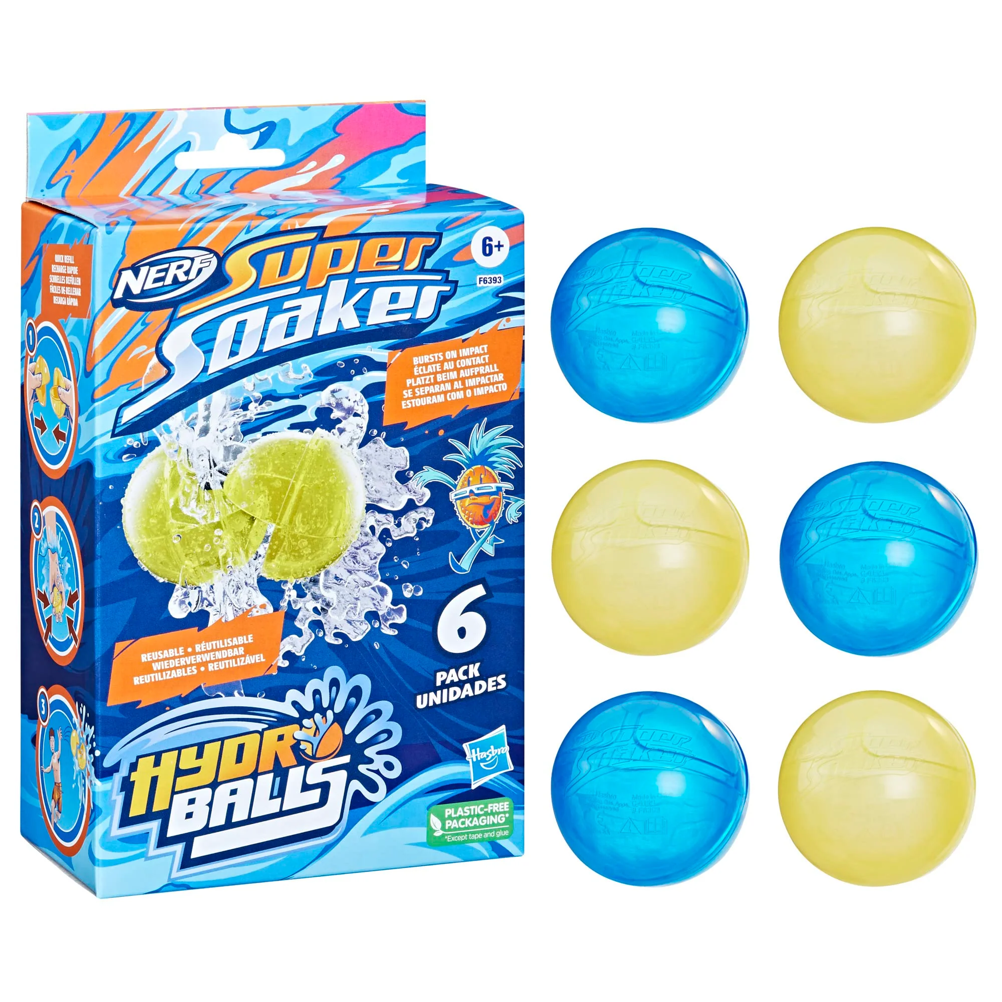 Nerf Super Soaker Hydro Balls 6-Pack, Reusable Water-Filled Balls Burst on Impact, Fast Refill, 2 Colors, Outdoor Toy for 6 Year Old Kids